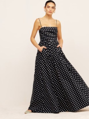 REFORMATION Kastoria Dress in Bettie / women’s polka dot maxi dresses / womens summer occasion clothes / removable spaghetti shoulder straps / strapless event clothing / spot print party fashion - flipped