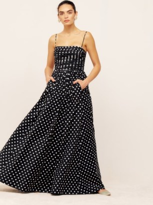 REFORMATION Kastoria Dress in Bettie / women’s polka dot maxi dresses / womens summer occasion clothes / removable spaghetti shoulder straps / strapless event clothing / spot print party fashion