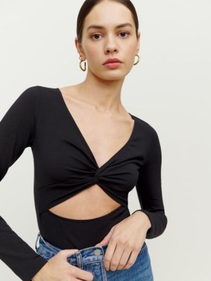 REFORMATION Kelia Knit Top in Black – long sleeved knot detail cut out tops - flipped