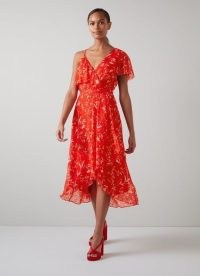 L.K. BENNETT KRASNER BOTANICAL PRINT SILK DEVORÉ DRESS ~ red floral asymmetric occasion dresses