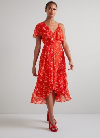 L.K. BENNETT KRASNER BOTANICAL PRINT SILK DEVORÉ DRESS ~ red floral asymmetric occasion dresses - flipped