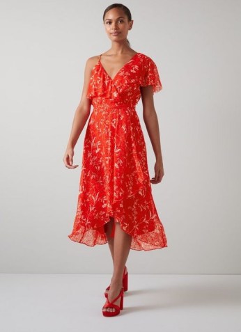 L.K. BENNETT KRASNER BOTANICAL PRINT SILK DEVORÉ DRESS ~ red floral asymmetric occasion dresses