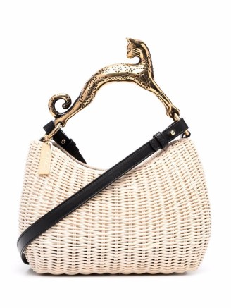 LANVIN cat embellished-handle woven tote / chic designer straw handbags / summer elegance / cats on women’s bags - flipped