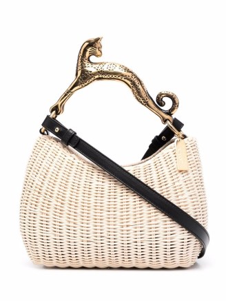 LANVIN cat embellished-handle woven tote / chic designer straw handbags / summer elegance / cats on women’s bags