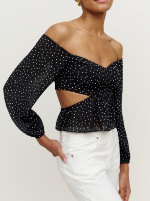 Reformation Laraine Top in Selene – bardot cut out tops – off the shoulder polka dot blouses – women’s spot print fashion - flipped