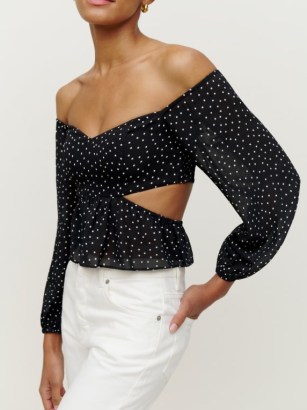 Reformation Laraine Top in Selene – bardot cut out tops – off the shoulder polka dot blouses – women’s spot print fashion