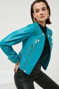 KAREN MILLEN Leather Buckle Detail Biker Jacket in Teal ~ women’s luxe zip and studded jackets