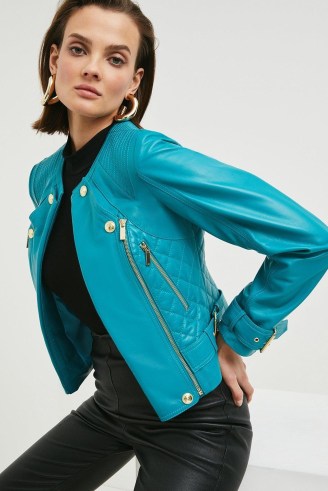 KAREN MILLEN Leather Buckle Detail Biker Jacket in Teal ~ women’s luxe zip and studded jackets - flipped