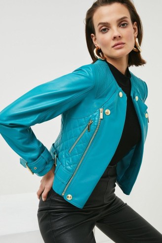 KAREN MILLEN Leather Buckle Detail Biker Jacket in Teal ~ women’s luxe zip and studded jackets