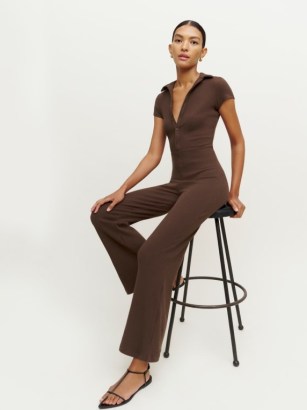 Reformation Leilani Jumpsuit in Cafe | brown short sleeved fitted bodice flared leg jumpsuits | womens rib knit fashion | retro look clothes - flipped