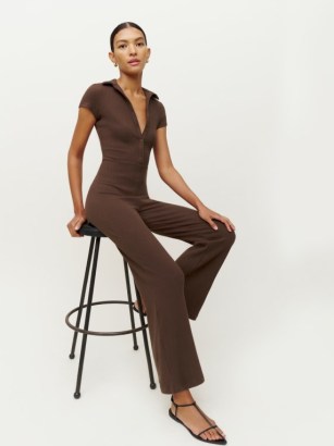 Reformation Leilani Jumpsuit in Cafe | brown short sleeved fitted bodice flared leg jumpsuits | womens rib knit fashion | retro look clothes