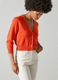 LEONORA RED COTTON-WOOL POINTELLE TRIM CARDIGAN ~ bright crop hem cardigans ~ knitwear perfect for spring