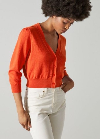 LEONORA RED COTTON-WOOL POINTELLE TRIM CARDIGAN ~ bright crop hem cardigans ~ knitwear perfect for spring