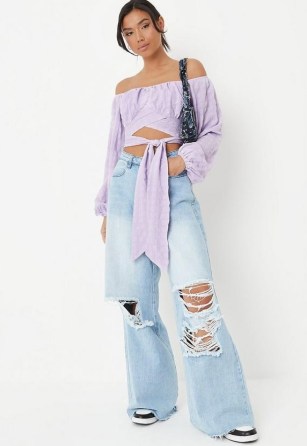 MISSGUIDED lilac crinkle tie bardot crop top – off the shoulder tie waist tops
