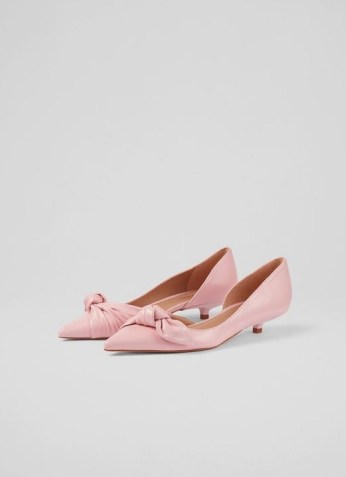 L.K. BENNETT LILY PINK LEATHER BOW FRONT KITTEN HEEL COURTS ~ cute low heel side cutaway court shoes ~ pointed toe d’orsay pumps ~ women’s vintage style footwear - flipped