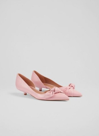 L.K. BENNETT LILY PINK LEATHER BOW FRONT KITTEN HEEL COURTS ~ cute low heel side cutaway court shoes ~ pointed toe d’orsay pumps ~ women’s vintage style footwear