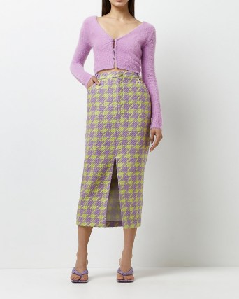 RIVER ISLAND LIME CHECK MIDI SKIRT / checked boucle split front pencil skirts - flipped
