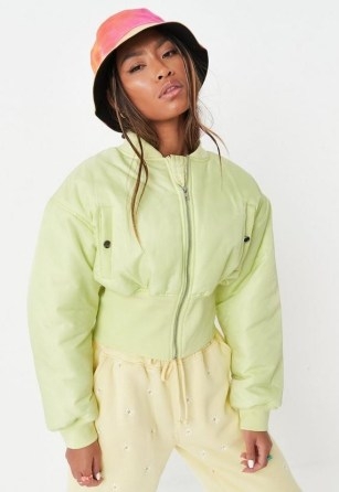 MISSGUIDED lime corset cropped bomber jacket ~ women’s casual green crop hem jackets - flipped