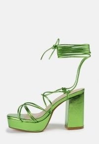 Missguided lime strappy platform heeled sandals | metallic green block heel platforms | retro sandals | ankle wrap ties | women’s chunky vintage style footwear