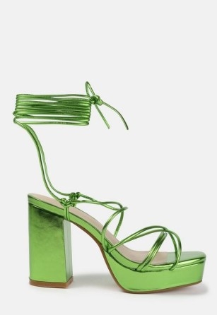 Missguided lime strappy platform heeled sandals | metallic green block heel platforms | retro sandals | ankle wrap ties | women’s chunky vintage style footwear - flipped