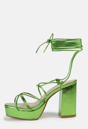 Missguided lime strappy platform heeled sandals | metallic green block heel platforms | retro sandals | ankle wrap ties | women’s chunky vintage style footwear