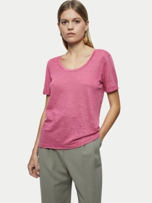 JIGSAW Linen Scoop Rolled Sleeve Tee in Pink ~ women’s short sleeved t-shirts - flipped