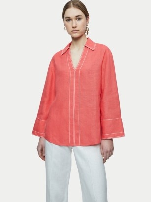 JIGSAW Linen Stitch Tunic Blouse in Coral - flipped