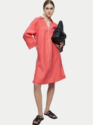 JIGSAW Linen Stitch Tunic Dress / women’s coral coloured kaftan style summer dresses - flipped