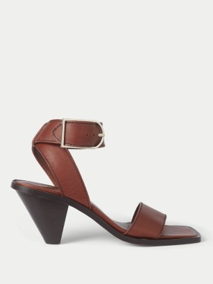 JIGSAW Liska Leather Heeled Sandal / tan-brown square toe wrap around ankle strap sandals / cone heel summer shoes - flipped