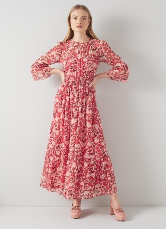 L.K. BENNETT Lourdes Red Silk English Rose Print Maxi Dress ~ floral tiered hem summer occasion dresses - flipped