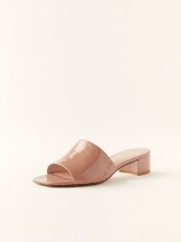 REFORMATION Mariah Minimal Sandal in Dusty Rose ~ pink patent slip on sandals ~ low block heel mules ~ square toe