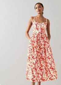 L.K. BENNETT MARLING WHITE COTTON ENGLISH ROSE PRINT SUN DRESS ~ floral fit and flare sundress ~ women’s flared hem sundresses ~ feminine summer clothes
