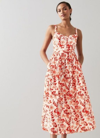 L.K. BENNETT MARLING WHITE COTTON ENGLISH ROSE PRINT SUN DRESS ~ floral fit and flare sundress ~ women’s flared hem sundresses ~ feminine summer clothes