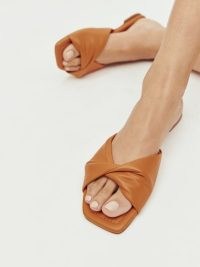 REFORMATION Mikki Twist Flat Sandal Tan ~ light brown square toe sandals ~ chic slip on flats ~ women’s leather summer shoes