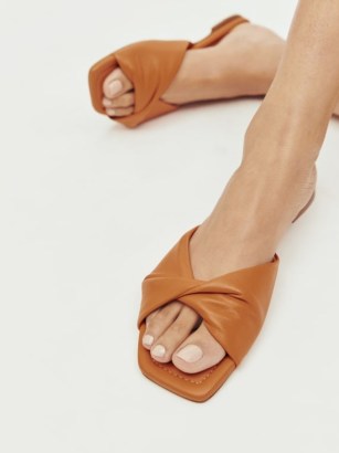 REFORMATION Mikki Twist Flat Sandal Tan ~ light brown square toe sandals ~ chic slip on flats ~ women’s leather summer shoes