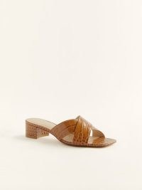 REFORMATION Morgan Criss Cross Block Sandal Nutmeg Croc-Effect ~ brown crocodile embossed leather slip on sandals ~ square toe