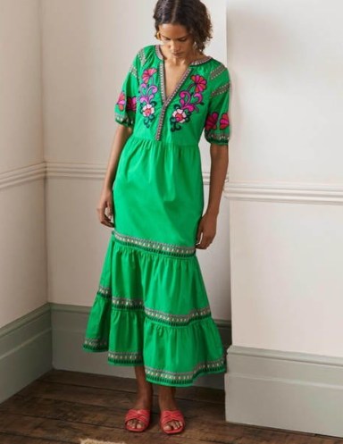 Boden Natalie Embroidered Maxi Dress Rich Emerald / women’s green cotton short sleeved floral dresses / womens summer clothes / tiered hem clothing - flipped