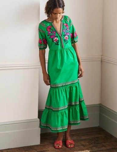 Boden Natalie Embroidered Maxi Dress Rich Emerald / women’s green cotton short sleeved floral dresses / womens summer clothes / tiered hem clothing
