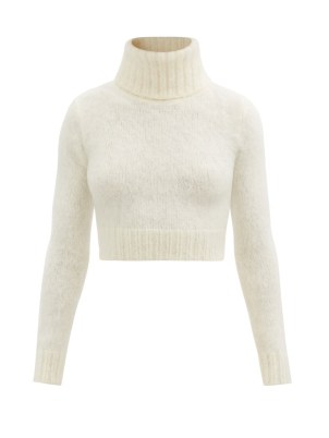 SAINT LAURENT High-neck mohair-blend cropped sweater | women’s fluffy ivory crop hem sweaters | womens designer clothes | luxe knitwear - flipped