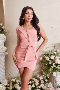 lavish alice one shoulder bow mini wrap dress in coral – glamorous one sleeve occasion dresses – going out evening glamour – womens asymmetrical party clothes