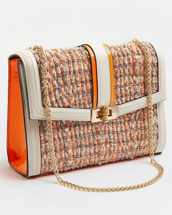 RIVER ISLAND ORANGE BOUCLE SHOULDER BAG / textured tweed style chain strap handbags - flipped