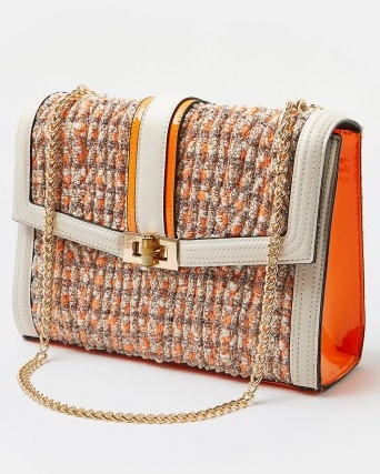 RIVER ISLAND ORANGE BOUCLE SHOULDER BAG / textured tweed style chain strap handbags