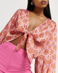 RIVER ISLAND ORANGE PRINT TIE FRONT BLOUSE / womens on-trend blouses and tops