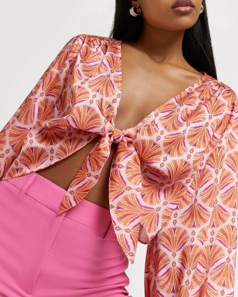 RIVER ISLAND ORANGE PRINT TIE FRONT BLOUSE / womens on-trend blouses and tops