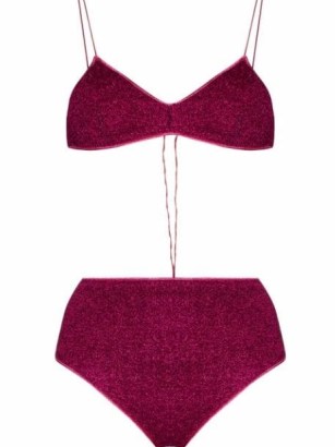 Oséree Lumière lurex high-waisted bikini set dark fuchsia / shimmering metallic thread bikinis / dark pink swimwear - flipped
