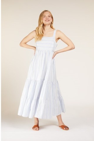 SWALLOWS Lea Striped Dress in Blue – sleeveless organic cotton tiered skirt dresses – women’s summer clothing at People Tree - flipped