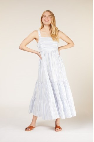 SWALLOWS Lea Striped Dress in Blue – sleeveless organic cotton tiered skirt dresses – women’s summer clothing at People Tree