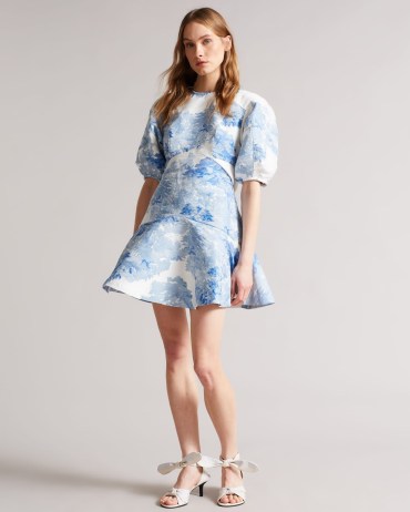 Ted Baker Phelina Puff Sleeve Jacquard Mini Dress ~ women’s fit and flare party dresses ~ puffed sleeved occasion fashion