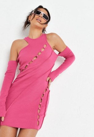 MISSGUIDED pink cold shoulder exposed seam detail mini dress – cutout going out evening dresses - flipped
