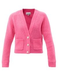 GANNI Crystal-embellished V-neck ribbed cardigan ~ womens rose pink cardigans
